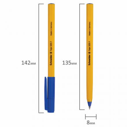 Ручка шариковая SCHNEIDER (Германия) "Tops 505 F", СИНЯЯ, корпус желтый, узел 0,8 мм, линия письма 0,4 мм, 150503