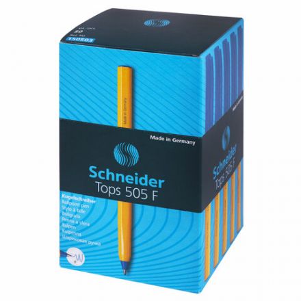 Ручка шариковая SCHNEIDER (Германия) "Tops 505 F", СИНЯЯ, корпус желтый, узел 0,8 мм, линия письма 0,4 мм, 150503