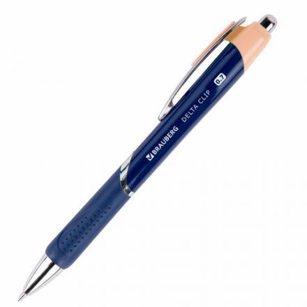 Ручка шариковая автоматическая с грипом BRAUBERG DELTA CLIP, СИНЯЯ, ассорти, узел 0,7 мм, линия письма 0,35 мм,144201