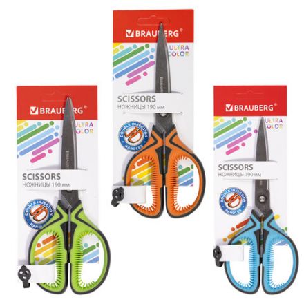 Ножницы BRAUBERG "ULTRA COLOR", 190 мм, ассорти, резиновые ребристые вставки, 237456 Ножницы BRAUBERG "ULTRA COLOR", 190 мм, ассорти, резиновые ребристые вставки, 237456
