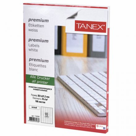Этикетка самоклеящаяся 38,1х21,2 мм, 65 этикеток, белая, 70 г/м2, 100 листов, TANEX, сырье Финляндия, 114549, TW-2165