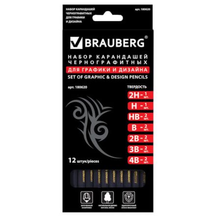 Карандаши чернографитные BRAUBERG НАБОР 12 шт., "Black Jack", 2Н-4В, без резинки, черные, дерево, заточенные, 180620