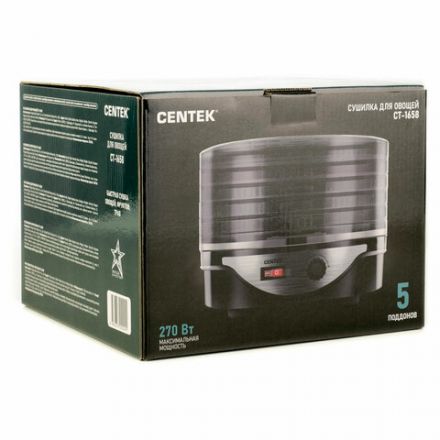 Сушилка для овощей CENTEK CT-1658, объём 4 л, 270 Вт, 5 поддонов, механическое управление, черная