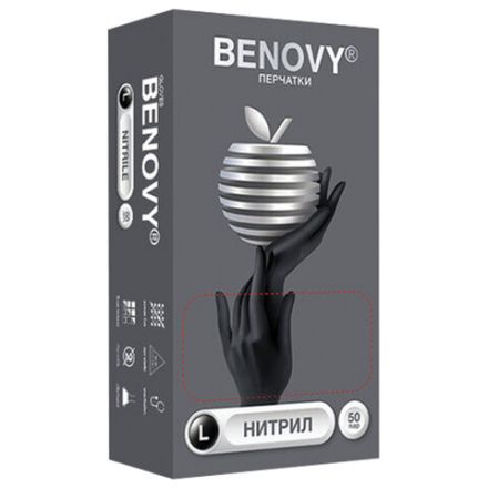Перчатки нитриловые смотровые 50 пар (100 штук), размер 8-9, L (большой), черные, BENOVY Nitrile Chlorinated, М