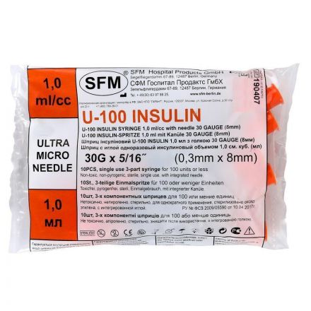 Шприц инсулиновый U-100 1мл 30G(0,3х8) инт. 100шт/уп SFM Шприц инсулиновый U-100 1мл 30G(0,3х8) инт. 100шт/уп SFM