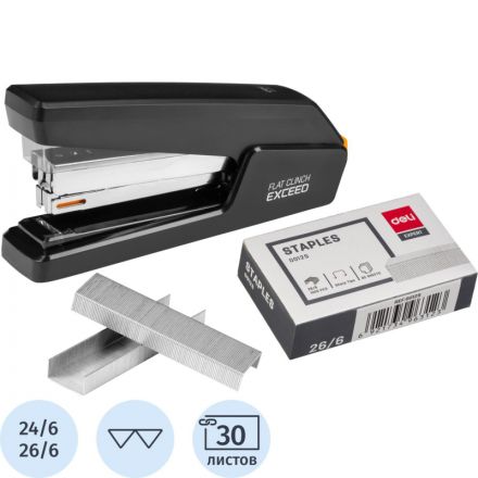 Степлер Deli Effortless N24/6-26/6 до 30лист.,плоск.сш.,черн+скобы(1000шт)