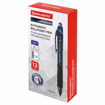 Ручка шариковая автоматическая с грипом BRAUBERG "Urban", СИНЯЯ, хромированные детали, узел 0,7 мм, линия письма 0,35 мм, 143260