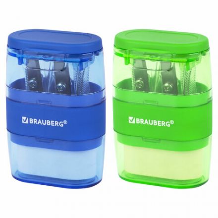 Точилки с ластиком 2 в 1 BRAUBERG "Double", НАБОР 2 ШТУКИ, 2 отверстия, синяя и зеленая, блистер, 271995