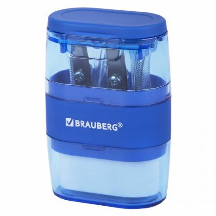 Точилки с ластиком 2 в 1 BRAUBERG "Double", НАБОР 2 ШТУКИ, 2 отверстия, синяя и зеленая, блистер, 271995