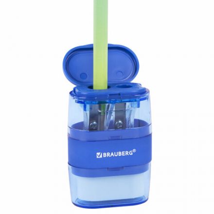 Точилки с ластиком 2 в 1 BRAUBERG "Double", НАБОР 2 ШТУКИ, 2 отверстия, синяя и зеленая, блистер, 271995