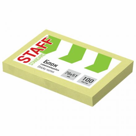 Блок самоклеящийся (стикеры) STAFF STANDARD, ПАСТЕЛЬНЫЙ 76х51 мм, желтый, 100 листов, 116581