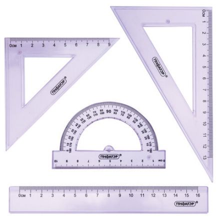 Набор чертежный ПИФАГОР (линейка 16 см, 2 треугольника, транспортир), прозрачный, пастельные цвета, ассорти, 210855