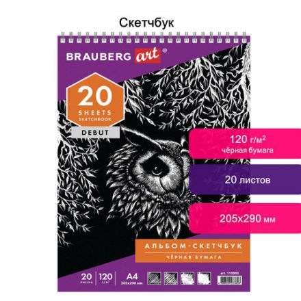 Скетчбук, черная бумага 120 г/м2, 205х290 мм, 20 л., гребень, жёсткая подложка, BRAUBERG ART DEBUT, 110995
