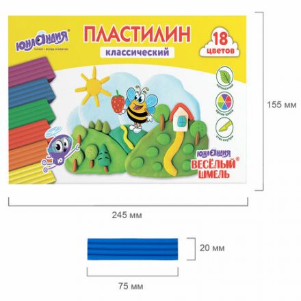 Пластилин классический ЮНЛАНДИЯ "ВЕСЁЛЫЙ ШМЕЛЬ", 18 цветов, 360 грамм, стек, ВЫСШЕЕ КАЧЕСТВО, 106432