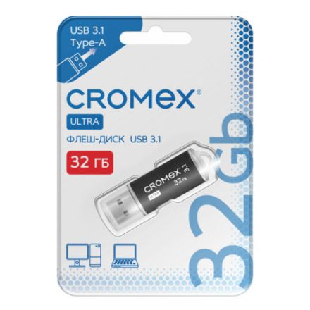 Флеш-диск 32 GB, CROMEX (КРОМЕКС) Ultra USB 3.1, металлический корпус, черный, 514163