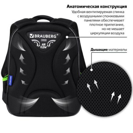 Ранец BRAUBERG QUADRO, 3 отделения, с брелком, "Tyrannosaur", светящийся рисунок, 37х28х18 см, 272021