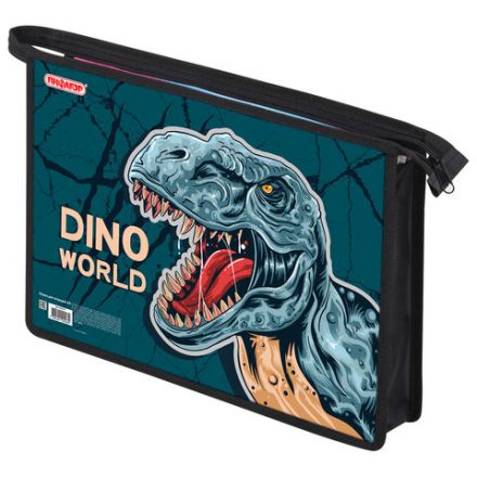 Папка для тетрадей ПИФАГОР А4, 1 отделение, картон/пластик, на молнии, "Dino world", 272131