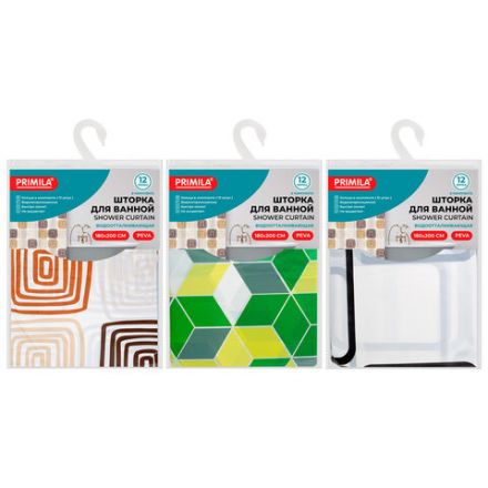 Шторка для ванной PEVA, 180х200 см, кольца в комплекте, 3 дизайна ассорти, ФИГУРЫ, PRIMILA (ПРИМИЛА), 700075 Шторка для ванной PEVA, 180х200 см, кольца в комплекте, 3 дизайна ассорти, ФИГУРЫ, PRIMILA (ПРИМИЛА), 700075
