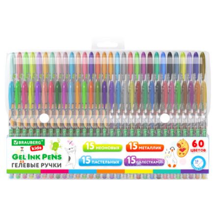 Ручки гелевые BRAUBERG KIDS "CUTE ANIMALS", НАБОР 60 ЦВЕТОВ, корпус с печатью, узел 1 мм, линия письма 0,7 мм, 144450