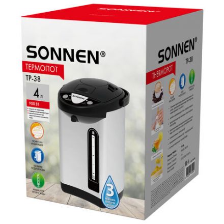 Термопот SONNEN TP-38, 4 л, 900 Вт, 1 температурный режим, 3 режима подачи воды, сталь, черный/серебро, 456710 Термопот SONNEN TP-38, 4 л, 900 Вт, 1 температурный режим, 3 режима подачи воды, сталь, черный/серебро, 456710