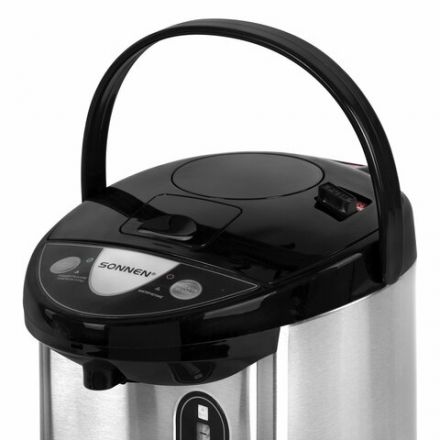 Термопот SONNEN TP-38, 4 л, 900 Вт, 1 температурный режим, 3 режима подачи воды, сталь, черный/серебро, 456710 Термопот SONNEN TP-38, 4 л, 900 Вт, 1 температурный режим, 3 режима подачи воды, сталь, черный/серебро, 456710
