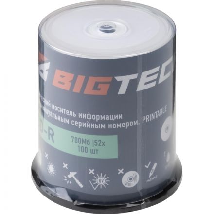 Носители информации Bigtech YCDRP001 CD-R 700МБ Printable 52x 100шт/уп cake