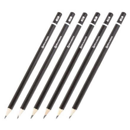 Карандаши чернографитные разной твердости НАБОР 6 штук, 2H-2B, BRAUBERG "Line", 180650