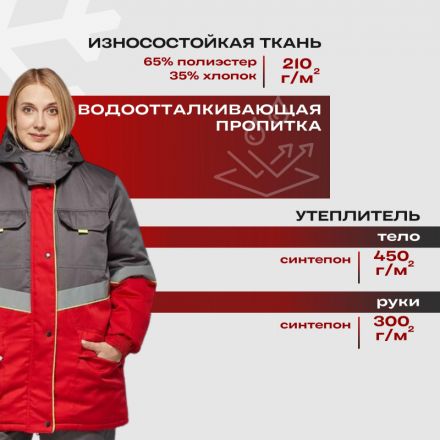 Костюм рабочий зимний женский з43-КПК сер/красн (р.60-62) 170-176 (серия З)