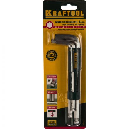 Набор ключей имбусовых KRAFTOOL, длинные с шариком, HEX 2-10мм, 8 пред