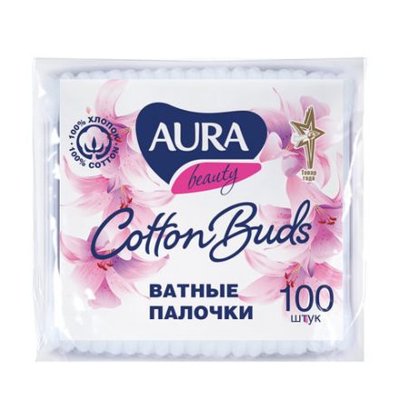 Ватные палочки КОМПЛЕКТ 100 шт., AURA, пакет, 20773, 13140