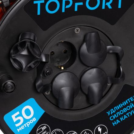 Удлинитель Topfort ПВС 2х1,5кв.мм, 50м на пласт.катушке, 4 роз. б/з, IP44