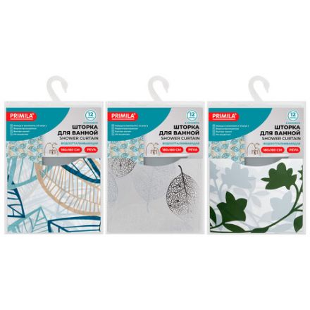 Шторка для ванной PEVA, 180х180 см, кольца в комплекте, 3 дизайна ассорти, РАСТЕНИЯ, PRIMILA (ПРИМИЛА), 700076