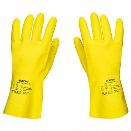 Перчатки латексные SCAFFA "Луч", КЩС-2, хлопчатобумажное напыление, размер 9, L (большой), желтые, 00-01017718