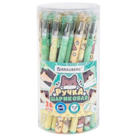 Ручка шариковая с принтом BRAUBERG "МИЛЫЕ КОТЫ", СИНЯЯ, SOFT TOUCH покрытие, узел 0,7 мм, линия письма 0,35 мм, 144478