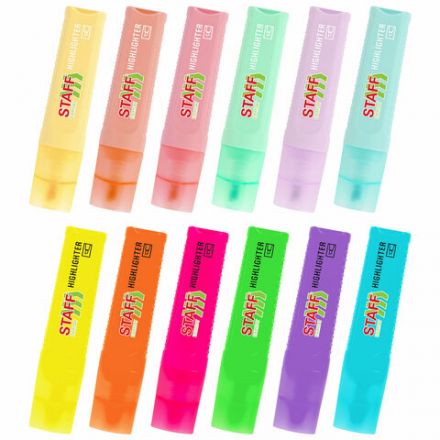 Набор текстовыделителей 12 ЦВЕТОВ, STAFF EVERYDAY HL-707, 6 неоновых цветов + 6 пастельных цветов, линия 1-5 мм, скошен. наконечник, 152552