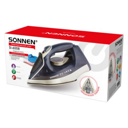 Утюг паровой SONNEN SI-6008, 2200 Вт, керамическое покрытие, антикапля, серебристый/золотой, 456998