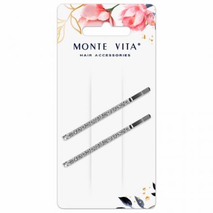 Невидимки для волос НАБОР 2 шт., 6 см, со стразами, серебристый, MONTE VITA (МОНТЕ ВИТА), 457098