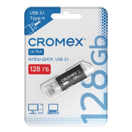 Флеш-диск 128 GB, CROMEX (КРОМЕКС) Ultra USB 3.1, металлический корпус, черный, 514165