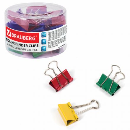 Зажимы для бумаг BRAUBERG, КОМПЛЕКТ 24 шт., 32 мм, на 140 листов, цветные, в пластиковом цилиндре, 221129 Зажимы для бумаг BRAUBERG, КОМПЛЕКТ 24 шт., 32 мм, на 140 листов, цветные, в пластиковом цилиндре, 221129