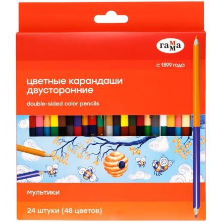 Карандаши цветные двусторонние Гамма "Мультики", 24шт., 48цв., заточен., картон. упак., европодвес