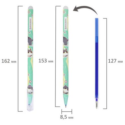 Ручка стираемая гелевая, кросс-серия "МИЛЫЕ КОТЫ", BRAUBERG, СИНЯЯ, корпус ассорти, игольчатый наконечник 0,5 мм, линия 0,35 мм, 144481