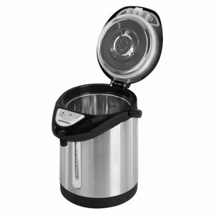 Термопот SONNEN TP-28, 3 л, 900 Вт, 1 температурный режим, ручной насос, сталь, черный/серебро, 456712