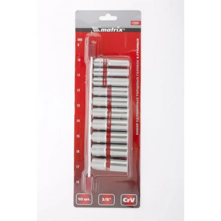 Набор головок торцевых удлиненных 3/8, CrV, 10 шт (8-19 мм) MATRIX 13591