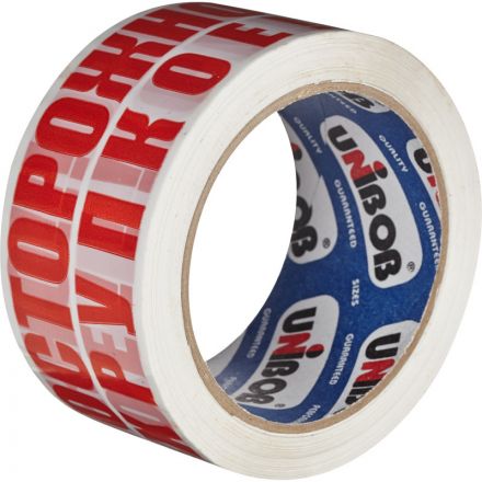 Клейкая лента упаковочная Unibob белая с логотипом Осторожно!!! Хрупкое!!! 50 мм x 66 м толщина 50 мкм