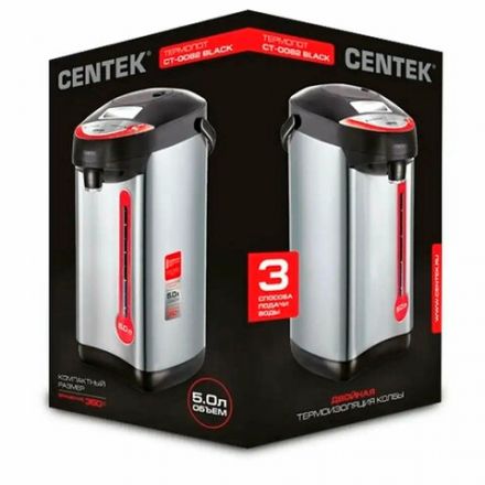 Термопот на 5 литров, 3 режима подачи воды, CENTEK CT-0082, 850 Вт, 1 температурный режим, пластик/сталь, черный, CT-0082 Black