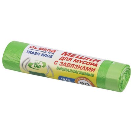 Мешки для мусора биоразлагаемые с завязками LAIMA "ULTRA" 35 л, рулон 20 шт., прочные, ПНД 15 мкм, 50х60 см, 607688