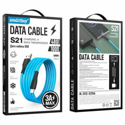 Кабель S21 USB – Type-C, 1 м, 3 А, SMARTBUY, для зарядки и передачи данных, синий, 93393, iK-3112-S21bb Кабель S21 USB – Type-C, 1 м, 3 А, SMARTBUY, для зарядки и передачи данных, синий, 93393, iK-3112-S21bb