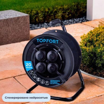 Удлинитель Topfort пласт. КГ 2x2,5 кв.мм 20м 16А 4 гнезда б/з.,с/загл.,IP44