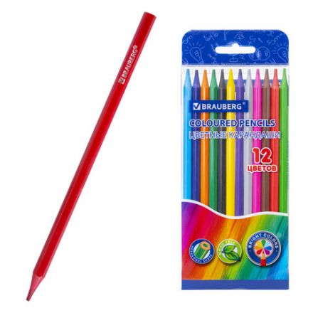 Карандаши цветные BRAUBERG, 12 цветов, цветной корпус, упаковка ПВХ-бокс, шестигранные, 182067