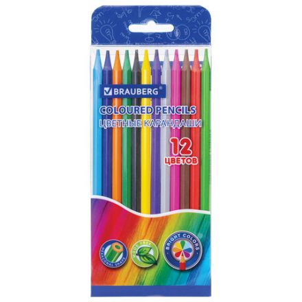 Карандаши цветные BRAUBERG, 12 цветов, цветной корпус, упаковка ПВХ-бокс, шестигранные, 182067